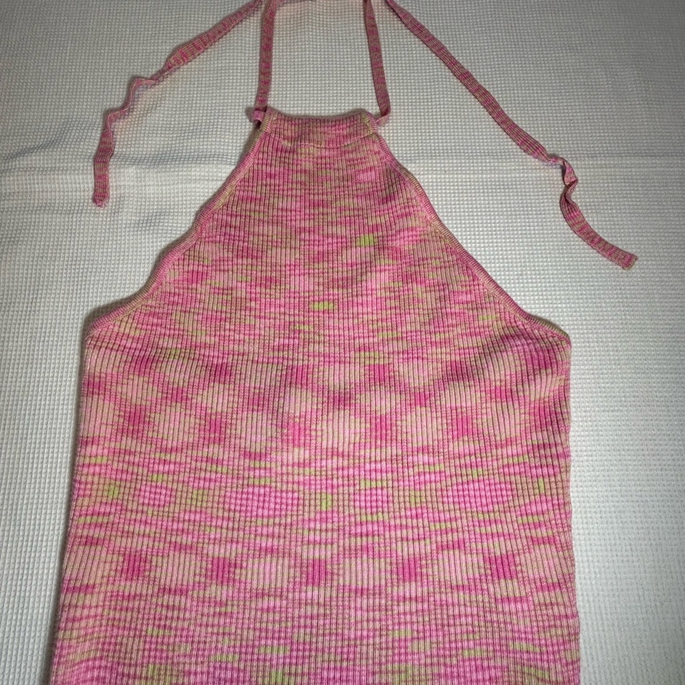 Pink Halter Ribbed Knit Tank Top